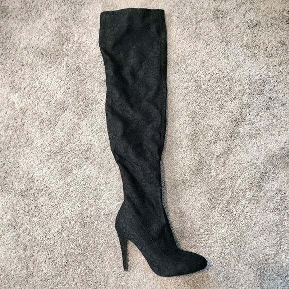 Call of Spring Astilama Lace Black  Over-the-Knee Stiletto Heel Boots Sz 9 NWOT - Picture 1 of 8